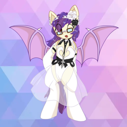 Size: 3122x3122 | Tagged: safe, artist:dreamoonight, derpibooru exclusive, oc, oc only, oc:sunset cloudy, bat pony, pony, abstract background, bat pony oc, bipedal, clothes, dress, female, flower, flower in hair, glasses, high res, light skin, purple mane, red eyes, see-through, smiling, socks, solo, spread wings, wings