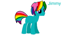 Size: 898x428 | Tagged: safe, oc, oc only, oc:jimmy, earth pony, pony, adopted offspring, base used, blue coat, blue eyes, multicolored hair, parent:oc:bolt, parent:oc:chris, parents:oc x oc, pride, rainbow hair, rainbow tail, simple background, solo, tail, text, white background