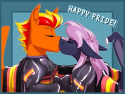 Size: 2048x1536 | Tagged: safe, artist:parrpitched, oc, oc only, oc:fireheart(fire), oc:nurse lavender blossom, bat pony, pony, bat pony oc, clothes, couple, duo, female, fireheart76's latex suit design, gloves, kiss on the lips, kissing, latex, latex gloves, latex suit, male, oc x oc, pride, pride flag, prisoners of the moon, rubber, rubber pride, rubber suit, shipping, straight