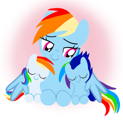Size: 1400x1400 | Tagged: safe, artist:mlplary6, rainbow dash, oc, oc:blue skies, oc:speedy dash, pegasus, pony, g4, awww, colt, cute, daaaaaaaaaaaw, dashabetes, eyes closed, female, filly, foal, heartwarming, hug, lying down, male, mare, momma dash, mother and child, mother and daughter, mother and son, offspring, parent:rainbow dash, parent:soarin', parents:soarindash, siblings, smiling, twins, winghug, wings