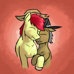 Size: 3000x3000 | Tagged: safe, artist:fumalunga, bright mac, igneous rock pie, earth pony, pony, g4, blushing, gay, heart, heart background, high res, infidelity, male, ship:brightrock, shipping, stallion