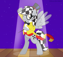 Size: 1000x903 | Tagged: safe, artist:jennieoo, oc, oc:checkerboard, pegasus, pony, bowtie, conductor, happy, looking at you, scene, show accurate, smiling, smiling at you, solo