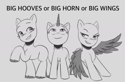 Size: 1945x1273 | Tagged: safe, artist:maren, earth pony, pegasus, pony, unicorn, comparison, gray background, hooves, horn, meme, simple background, trio, wings
