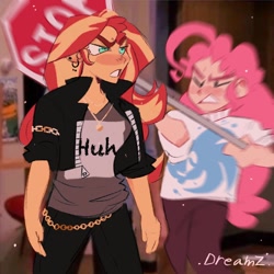 Size: 1440x1440 | Tagged: safe, artist:dreamz, pinkie pie, sunset shimmer, human, equestria girls, g4, clothes, duo, ear piercing, icarly, imminent pain, jacket, meme, piercing, stop sign