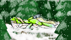 Size: 909x514 | Tagged: safe, artist:ponyponychan, oc, oc only, oc:ponytronic, pegasus, pony, album cover, forest, lying down, on side, one eye closed, partial color, snow, solo
