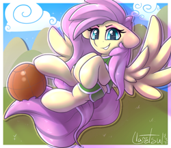 Size: 1083x940 | Tagged: safe, artist:llametsul, fluttershy, pegasus, pony, g4, atg 2023, buckball, buckball uniform, clothes, colored, confident, female, flying, mare, newbie artist training grounds, prehensile tail, shorts, signature, solo, spread wings, tail, wings