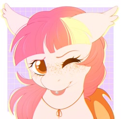 Size: 1991x1948 | Tagged: safe, artist:adostume, oc, oc only, oc:peachy pop, bat pony, bust, cute, eyebrows, female, floppy ears, freckles, looking at you, mare, one eye closed, piercing, portrait, smiling, solo, tongue out, tongue piercing, wings, wink, winking at you
