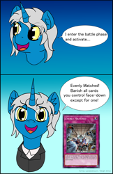 Size: 1796x2768 | Tagged: safe, artist:brightdrive, oc, oc:bright drive, pony, unicorn, comic, gradient background, horn, newbie artist training grounds, solo, speech bubble, unicorn oc, yu-gi-oh!