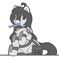 Size: 5184x5560 | Tagged: safe, artist:stablegrass, oc, oc only, oc:milly, earth pony, semi-anthro, ahoge, arm hooves, bipedal, chest fluff, exosuit, eye clipping through hair, female, heart monitor, mare, screwdriver, simple background, solo, white background