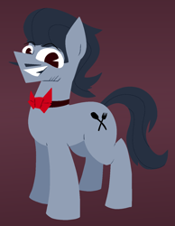 Size: 1058x1362 | Tagged: safe, artist:yamston, oc, oc only, oc:la fluky, earth pony, pony, fanfic:living the dream, 2023, bowtie, earth pony oc, facial hair, fanfic art, gray coat, gray mane, male, male oc, moustache, red background, red eyes, simple background, solo, stallion, tail