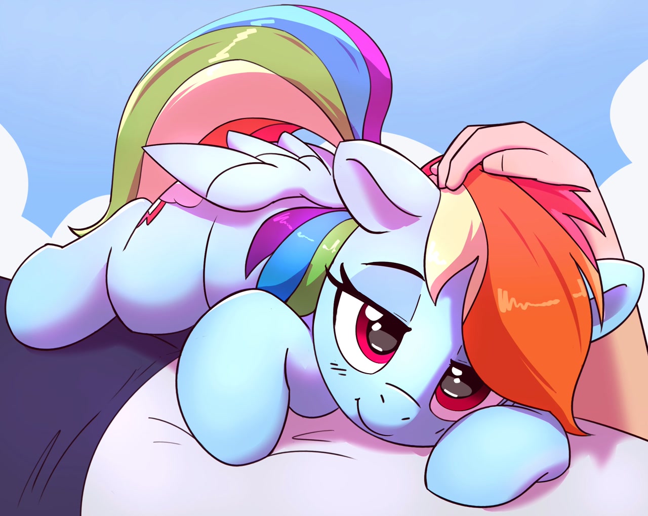 [cloud,comfy,cuddling,cute,female,floppy ears,human,looking at you,mare,pat,pegasus,petting,pony,pov,rainbow dash,safe,snuggling,solo focus,human on pony snuggling,dashabetes,hand on head,smiling,offscreen character,head pat,smiling at you,artist:pabbley,pabbley is trying to murder us]