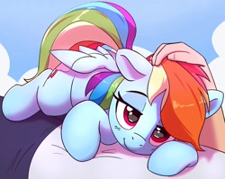 Size: 2010x1600 | Tagged: safe, artist:pabbley, rainbow dash, human, pegasus, pony, g4, cloud, comfy, cuddling, cute, dashabetes, female, floppy ears, hand on head, head pat, human on pony petting, human on pony snuggling, looking at you, mare, offscreen character, pabbley is trying to murder us, pat, petting, pov, smiling, smiling at you, snuggling, solo focus