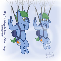 Size: 1200x1200 | Tagged: safe, artist:phallen1, oc, oc only, oc:software patch, earth pony, pony, atg 2023, cloud, male, male oc, newbie artist training grounds, parachute, reflection, skydiving, solo