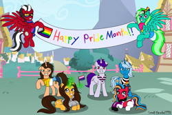 Size: 4224x2828 | Tagged: safe, artist:small-brooke1998, oc, oc:brooke, oc:sirius canis major, oc:small brooke, oc:starshine twinkle, pegasus, pony, unicorn, bandana, chromia, clothes, diaper, gay pride, group photo, non-baby in diaper, onesie, pride, pride month, scarf, shatter (transformers), transformers, windblade