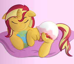 Size: 3500x3039 | Tagged: safe, artist:sweetielover, sunset shimmer, pony, unicorn, equestria girls 10th anniversary, g4, cushion, diaper, diaper fetish, eyes closed, female, fetish, globe, high res, non-baby in diaper, show accurate, simple background, sleeping, solo