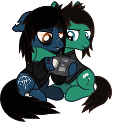 Size: 1159x1227 | Tagged: safe, artist:lightningbolt, derpibooru exclusive, earth pony, pony, undead, zombie, zombie pony, g4, .svg available, angry, bags under eyes, bloodshot eyes, bone, bring me the horizon, brothers, clothes, duo, duo male, ears back, fangs, frown, hoof hold, hug, lidded eyes, lip piercing, long sleeves, looking down, male, oliver sykes, piercing, ponified, scar, sega game gear, show accurate, siblings, simple background, sitting, smiling, stallion, stitches, svg, tattoo, tom sykes, torn ear, transparent background, vector, video game