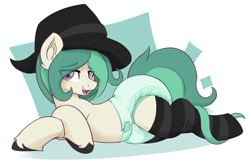 Size: 2988x1953 | Tagged: safe, artist:crnklbox, oc, oc only, oc:coven, earth pony, pony, clothes, diaper, diaper fetish, fangs, fetish, hat, looking at you, lying down, male, male oc, non-baby in diaper, prehensile tail, prone, simple background, socks, solo, striped socks, tail, unshorn fetlocks, white background