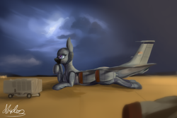 Size: 1500x1000 | Tagged: safe, artist:andromailus, oc, oc only, original species, plane pony, air base, cloud, female, hoof under chin, kc-135, lying down, mare, plane, prone, signature, sky, smiling, solo, trailer, us air force
