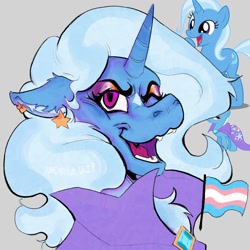 Size: 1500x1500 | Tagged: safe, artist:amendokat, trixie, pony, unicorn, g4, bust, cape, chest fluff, clothes, ear piercing, one eye closed, piercing, pride, pride flag, smiling, solo, trans trixie, transgender, transgender pride flag, wink, wip
