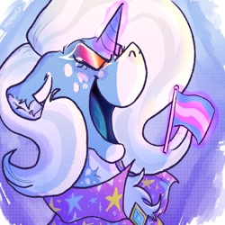 Size: 1500x1500 | Tagged: safe, artist:amendokat, trixie, pony, unicorn, g4, bust, cape, chest fluff, clothes, eyes closed, lesbian pride flag, magic, open mouth, pride, pride flag, smiling, solo, trans trixie, transgender, transgender pride flag
