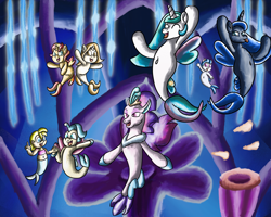 Size: 3000x2400 | Tagged: safe, artist:saburodaimando, princess celestia, princess luna, princess skystar, queen novo, sunset shimmer, oc, oc:abigail albright, oc:golden lace, oc:wanda young, alicorn, seapony (g4), unicorn, g4, my little pony: the movie, belly button, blue eyes, blue mane, collar, coral, crown, digital art, dorsal fin, eyelashes, eyes closed, female, fin, fin wings, fins, fish tail, flowing mane, flowing tail, happy, high res, horn, jewelry, lidded eyes, looking at each other, looking at someone, mare, ocean, open mouth, open smile, party, purple eyes, regalia, royal sisters, seaponified, seapony celestia, seapony luna, seapony sunset, seaquestria, siblings, sisters, smiling, smiling at each other, species swap, spread wings, swimming, tail, throne, throne room, underwater, water, wings