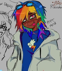 Size: 640x731 | Tagged: safe, artist:darkzombiez, rainbow dash, human, g4, clothes, dark skin, goggles, jacket, open mouth, red eyes, smiling, solo, text