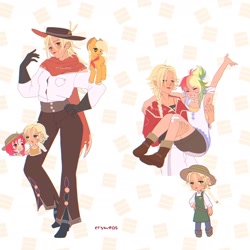Size: 1536x1536 | Tagged: safe, artist:cryweas, apple bloom, applejack, rainbow dash, earth pony, human, pony, g4, alternate hairstyle, applejack's hat, apron, armpits, bandaid, bandana, belt, boots, clothes, cowboy boots, cowboy hat, denim, farmer's tan, female, freckles, gloves, hat, humanized, jeans, jewelry, lesbian, necklace, open mouth, overalls, pants, poncho, raised hoof, reference sheet, scar, ship:appledash, shipping, shirt, shoes, shorts, siblings, sisters, sports bra, tan lines, tank top, unshorn fetlocks
