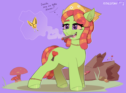 Size: 3800x2800 | Tagged: safe, artist:pedalspony, tree hugger, butterfly, earth pony, pony, g4, anklet, blunt, bracelet, dialogue, drugs, female, high, high res, jewelry, mare, marijuana, mushroom, necklace, smoking