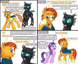 Size: 1280x1043 | Tagged: safe, artist:termyotter, starlight glimmer, sunburst, thorax, changedling, changeling, pony, unicorn, g4, 4 panel comic, atg 2023, changedlingified, changelingified, comic, dialogue, disguise, disguised changeling, grin, handsome, male, newbie artist training grounds, open mouth, shapeshifting, simple background, smiling, species swap, speech bubble, stallion, thought bubble, white background