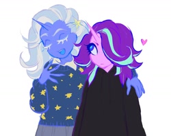 Size: 1542x1222 | Tagged: safe, artist:digidollzz, starlight glimmer, trixie, unicorn, anthro, g4, clothes, duo, eyes closed, female, heart, jacket, lesbian, ship:startrix, shipping, simple background, smiling, white background