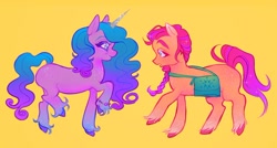 Size: 1124x601 | Tagged: safe, artist:digidollzz, izzy moonbow, sunny starscout, earth pony, pony, unicorn, g5, duo, female, lesbian, looking at each other, looking at someone, raised hoof, ship:moonscout, shipping, simple background, smiling, unshorn fetlocks, yellow background