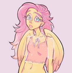 Size: 945x963 | Tagged: safe, artist:digidollzz, fluttershy, pegasus, anthro, g4, bust, clothes, ear piercing, midriff, piercing, pink background, simple background, solo, wings
