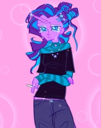 Size: 2075x2619 | Tagged: safe, artist:digidollzz, starlight glimmer, unicorn, anthro, g4, cigarette, clothes, crying, high res, jewelry, necklace, pink background, simple background, solo
