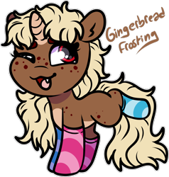 Size: 1312x1381 | Tagged: safe, artist:sexygoatgod, oc, oc only, oc:gingerbread frosting, pony, unicorn, adoptable, chibi, clothes, female, sale, simple background, socks, solo, striped socks, transparent background