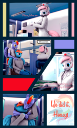 Size: 3000x5000 | Tagged: safe, artist:shadowuwu, bow hothoof, nurse redheart, rainbow dash, windy whistles, earth pony, pegasus, anthro, g4, 3d, and that's how rainbow dash was made, comic, commission, commissioner:nerothewizard, doctor's office, female, hug, hug from behind, male, pregnant, ship:windyhoof, shipping, straight, trio, wholesome