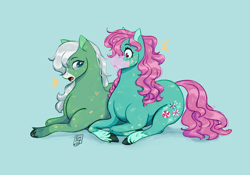 Size: 2048x1430 | Tagged: safe, artist:nightprince-art, minty, minty (g1), earth pony, pony, g1, g3, bubblegum, duo, duo female, female, food, generational ponidox, gum, light blue background, lying down, mare, open mouth, prone, simple background, surprised, tail, unshorn fetlocks