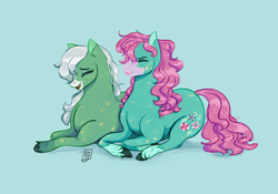 Size: 2048x1430 | Tagged: safe, artist:nightprince-art, minty, minty (g1), earth pony, pony, g1, g3, bubblegum, duo, duo female, eyes closed, female, food, generational ponidox, gum, laughing, light blue background, lying down, mare, open mouth, open smile, prone, simple background, smiling, tail, unshorn fetlocks