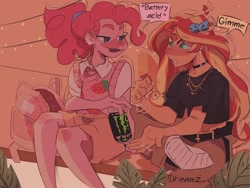 Size: 1440x1080 | Tagged: safe, artist:dreamz, part of a set, pinkie pie, sunset shimmer, human, equestria girls, g4, backpack, belt, bow, choker, clothes, drink, duo, ear piercing, energy drink, hair bow, jewelry, monster energy, necklace, pants, piercing, ponytail, short shirt, shorts, speech bubble, sweater vest