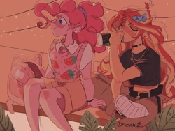 Size: 1440x1080 | Tagged: safe, artist:dreamz, part of a set, pinkie pie, sunset shimmer, human, equestria girls, g4, backpack, belt, bow, choker, clothes, drink, duo, ear piercing, energy drink, hair bow, jewelry, monster energy, necklace, pants, piercing, ponytail, short shirt, shorts, sweater vest