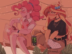 Size: 1440x1080 | Tagged: safe, artist:dreamz, part of a set, pinkie pie, sunset shimmer, human, equestria girls, g4, ..., backpack, belt, bow, choker, clothes, drink, duo, ear piercing, energy drink, hair bow, jewelry, monster energy, necklace, pants, piercing, ponytail, short shirt, shorts, sweater vest