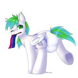 Size: 3000x3000 | Tagged: safe, artist:xcinnamon-twistx, oc, oc only, oc:sorian, pegasus, pony, bisexual pride flag, diaper, diaper fetish, fetish, flag, from behind, high res, hooves, looking at you, non-baby in diaper, one eye closed, pride, pride flag, rear view, simple background, solo, transparent background, wink