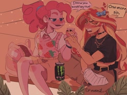 Size: 1440x1080 | Tagged: safe, artist:dreamz, part of a set, pinkie pie, sunset shimmer, human, equestria girls, g4, backpack, belt, bow, choker, clothes, drink, duo, ear piercing, energy drink, hair bow, jewelry, monster energy, necklace, pants, piercing, ponytail, short shirt, shorts, speech bubble, sweater vest