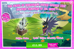 Size: 1956x1297 | Tagged: safe, gameloft, georgia, griffon, g4, my little pony: magic princess, advertisement, background griffon, clothes, costs real money, english, female, introduction card, mobile game, numbers, sale, scarf, solo, spread wings, statue, text, wings