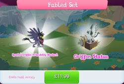 Size: 1266x856 | Tagged: safe, gameloft, georgia, griffon, g4, my little pony: magic princess, background griffon, bundle, clothes, costs real money, english, fabled set, female, mobile game, numbers, sale, scarf, solo, spread wings, statue, text, wings