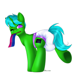 Size: 3000x3000 | Tagged: safe, artist:xcinnamon-twistx, oc, oc only, oc:green byte, pony, unicorn, bisexual pride flag, butt, commission, diaper, diaper fetish, fetish, flag, from behind, high res, hooves, looking at you, non-baby in diaper, one eye closed, plot, pride, pride flag, rear view, simple background, tail, tail hole, tail tape, transparent background, underhoof, wink, ych result