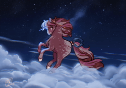 Size: 1030x720 | Tagged: safe, alternate version, artist:nightprince-art, galaxy (g1), pony, unicorn, g1, animated, appaloosa, bow, cloud, coat markings, description is relevant, female, floating, horn, jewelry, magic, mare, night, outdoors, shooting star, signature, smiling, socks (coat markings), solo, starry night, stars, tail, tail bow, unshorn fetlocks, webm