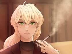 Size: 2048x1523 | Tagged: safe, artist:majestyph, applejack, human, g4, bust, cigarette, clothes, freckles, frown, humanized, looking at you, smoking, solo