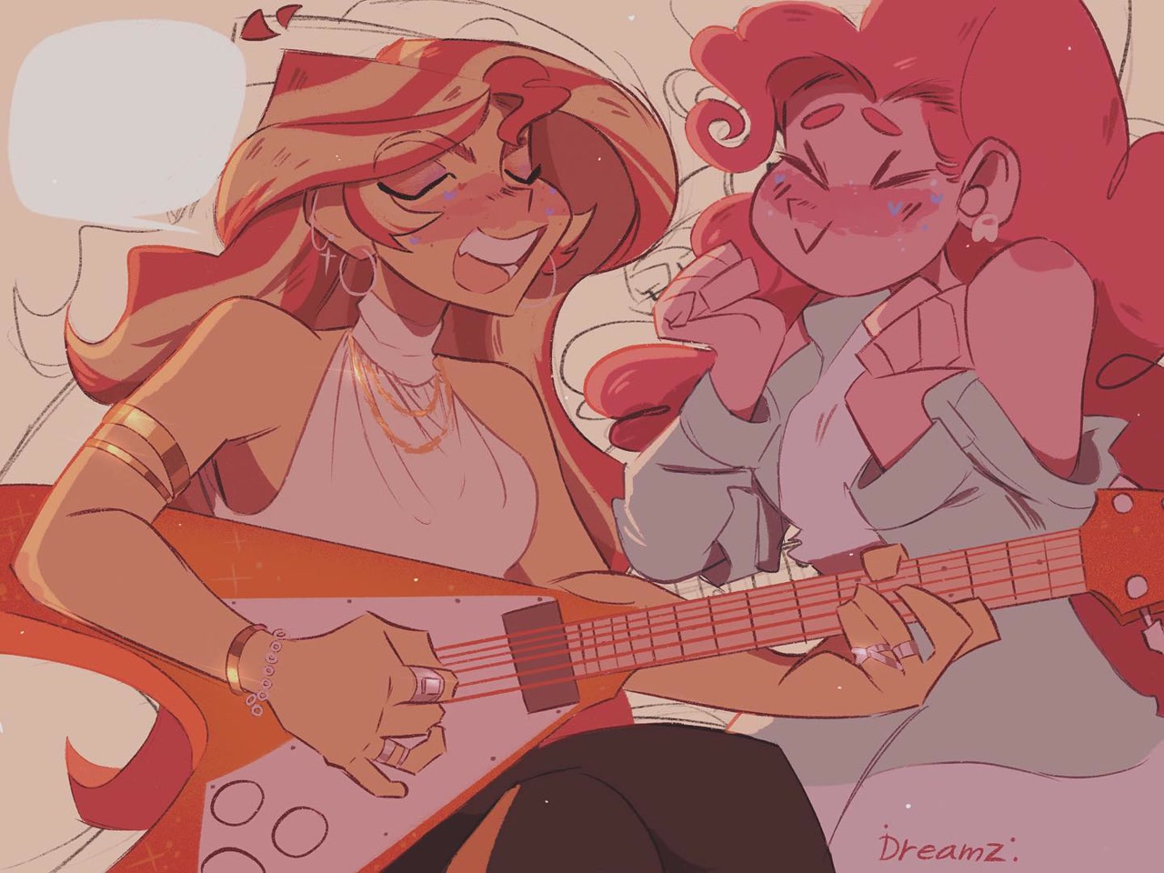 [duo,equestria girls,guitar,human,piercing,pinkie pie,safe,speech bubble,electric guitar,sunset shimmer,ear piercing,musical instrument,sleeveless,flying v,bare shoulders,alternate versions at source,artist:dreamz]