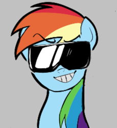 Size: 679x742 | Tagged: safe, artist:ponconcarnal, rainbow dash, pegasus, pony, g4, bust, looking at you, simple background, smiling, solo, sunglasses, teeth