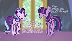 Size: 3000x1700 | Tagged: safe, artist:nawnii, starlight glimmer, twilight sparkle, alicorn, pony, unicorn, g4, shadow play, dialogue, dot eyes, duo, duo female, female, folded wings, horn, mare, raised hoof, signature, tail, text, twilight sparkle (alicorn), twilight's castle, wings